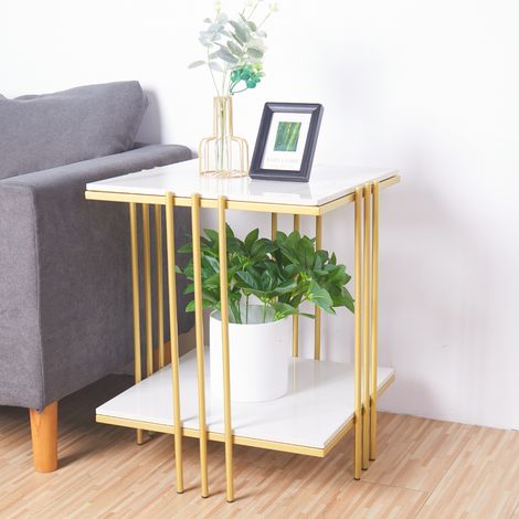 Gold Frame Square Coffee Table, Modern Style Cocktail Table Sofa Side End Table Durable Metal Frame for Living Room Bedroom (1/5)