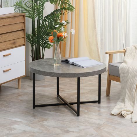 Table basse ronde effet béton ciré en bois et métal - Ø 80 x 45 cm - piètement croisé