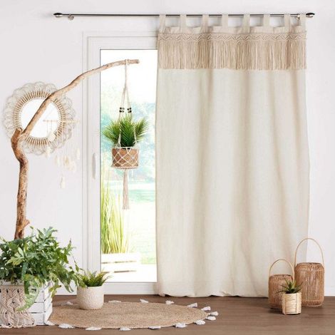 Homemaison – Rideau à passants en polycoton beige – Finition macramé – Dimensions 140 x 240 cm – Lavage à la main