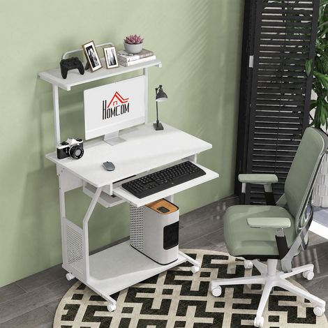 Bureau ordinateur roulant étagères rangement poste travail clavier 80x50x130 blanc (1/5)