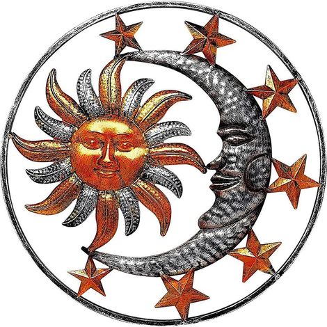 Sculpture Murale En Métal - Soleil Rayonnant - Décoration Intérieure Et Extérieure - Diamètre 29 Cm - Finition Gris Brun - 1 Pièce (1/5)