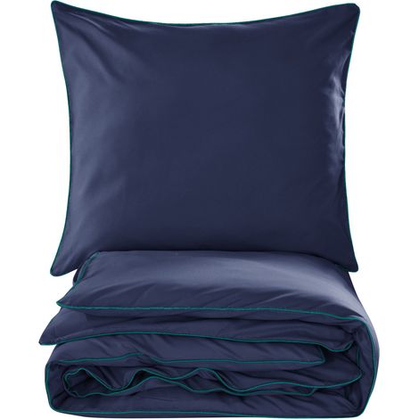 Einfaches Bettwäscheset 220x200 marineblau mit türkisfarbener Paspelierung (1/5)