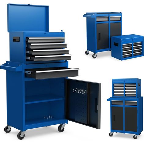 Servante d’Atelier avec Coffre Amovible, 28 x 59 x 102CM, Caisse à Outils Roulant avec 5 Tiroir Verrouillable & Armoire à Étagère Réglable, Poignée Latérale, pour Garage, Atelier(Bleu+Noir) (1/5)