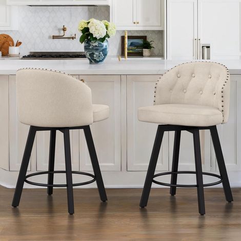 Barhocker 2er Set mit Lehne, 360° drehbar, 65 cm Sitzhöhe, Leinenoptik (1/5)