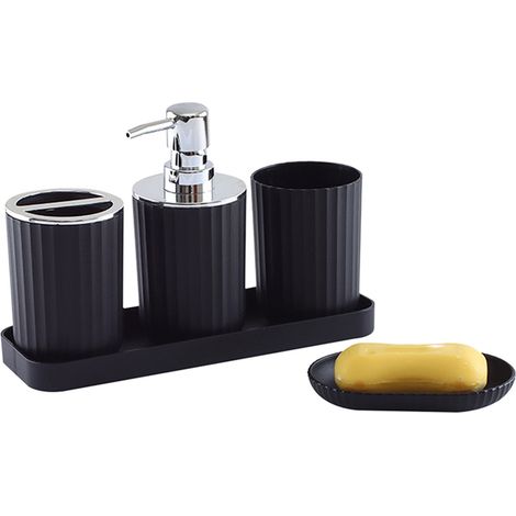 Set Accessoires Salle De Bain - Distributeur Savon Pompe - Gobelet - Porte-Brosse À Dents - Plat À Savon - Plateau - 5 Pièces - PP - Noir (1/5)