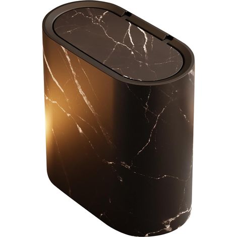 1 Poubelle avec Couvercle, Design Bois ou Marbré, Compacte, pour Salle de Bain, Bureau, Cuisine, Salon, Noir (1/5)