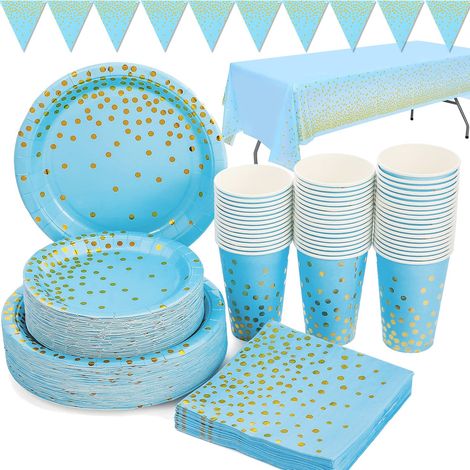 Vaisselle de Anniversaire Bleue Or 99pcs Vaisselle de Fete Set Assiette en Papier Serviette Tasse Nappe Banner pour Anniversaire de Garçon, Babyshower, Remise de Diplôme-24 Invités (1/5)