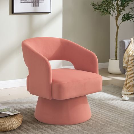 Fauteuil pivotant rose en chenille et bois avec dossier ouvert et accoudoirs courbés (1/5)