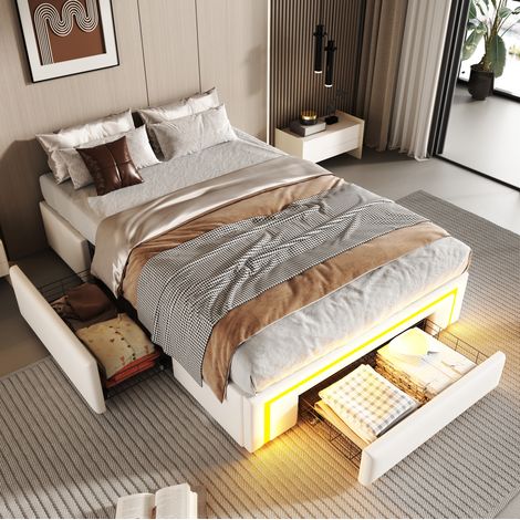 cama estructura cama con almacenamiento LED blanca OKMYHOME (1/3)