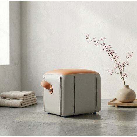 Moderner Sitzpouf aus PU-Kunstleder mit Griff, gepolstert, grau und orange (1/5)