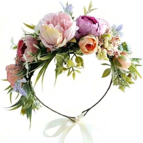 Couronne de fleurs artificielles roses et vertes, accessoire de coiffure bohème pour femme, ornée de roses et de feuilles (1/5)