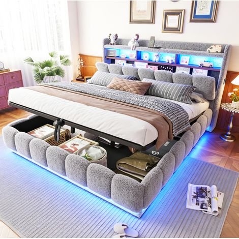 Cama tapizada 180/200 cm gris con arcón, LED y puerto USB (1/5)