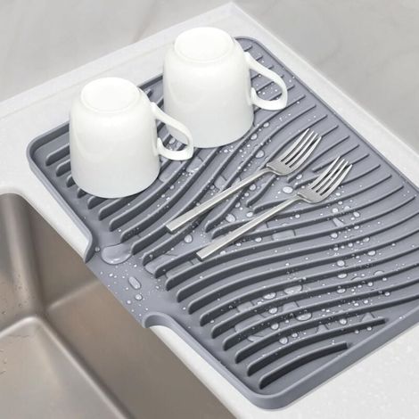Tappetino scolapiatti in silicone antiscivolo con scolapiatti integrato, resistente al calore (40 x 30 cm, grigio) (1/4)