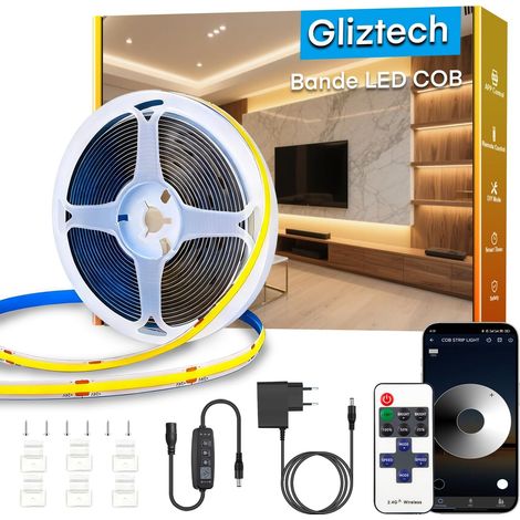 Ruban Led Blanc Chaud COB 10m, Intensité Variable 2700K, IRC90+, avec application et télécommande. Ruban Led Cob est idéal pour l'éclairage intérieur des chambres, salons, Cuisines, etc (1/5)