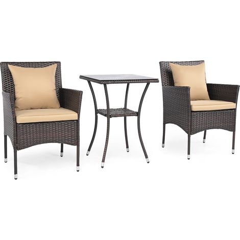 3-teiliges Rattan-Gartenmöbelset mit Kissen und Glastisch