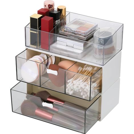 3 Stück Acryl Badezimmer Organizer,Kosmetik Organizer Set,Transparent Bad Schubladen Organizer,Schminktisch Organizer,1 Fach+3 Fächer+Lippenstiftfach (1/4)