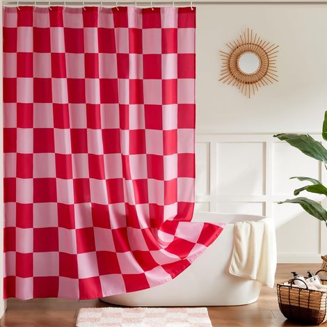 Rideau de douche 180x180 cm – Imperméable anti-moisissure – Damier rétro rose fuchsia – Salle de bain (1/5)