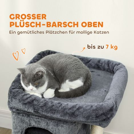 Katzenkratzbaum, Katzenturm, 2 Höhlen, Plattform, Sisalstämme, kompakte Größe, dunkelgrau. (1/5)