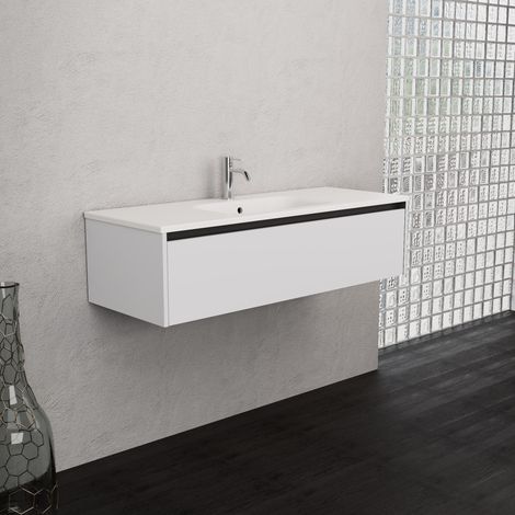 Inda - Badezimmerschrank 1 Schublade B.120 mit mattiertem Waschbecken / Hochglanzweiß - Smeraldo (1/5)