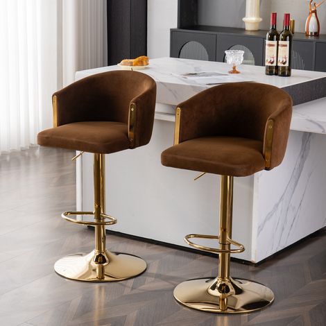 Juego de 2 taburetes de bar modernos giratorios, sillas de cocina de altura regulable con reposapiés, taburetes de bar modernos para cocina, bar y mostrador de restaurante (marrón). (1/5)
