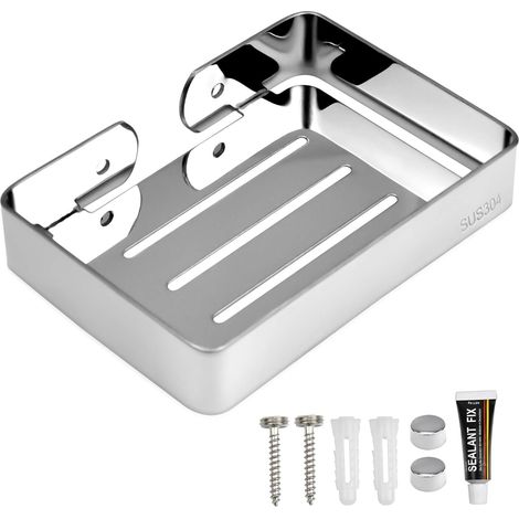 (Plata) Jabonera de acero inoxidable sin perforaciones, soporte autoadhesivo para esponja de cocina, adecuado para baño y cocina (1/5)