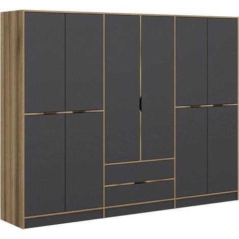 Guardaroba Grande Gaspard, Armadio Camera da Letto 5 Ripiani, Appendiabiti, 2 Cassetti, 277x208h cm Nero e Marrone noce\ Antracite