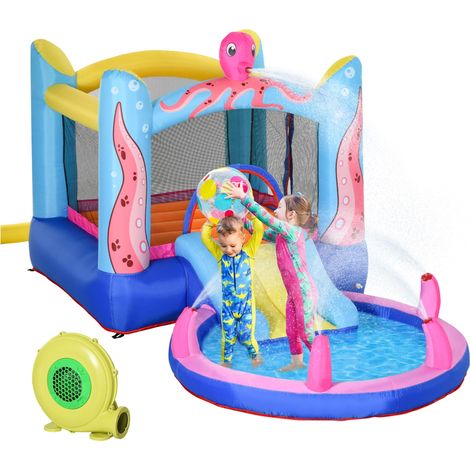 Château gonflable autogonflant comprenant un gonfleur, des patchs, 1 trampoline, 1 bassin d'eau, 1 toboggan, 360 x 175 x 180 cm (1/5)