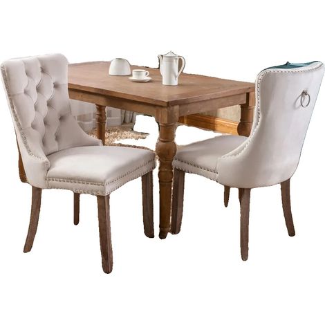Chaise de salle à manger, Tissu en velours, Pieds en bois massif, CQY-beige (1/2)