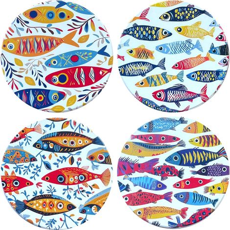 Sottobicchieri in ceramica con disegno di pesci - Set da 4, decorazione nautica per regali originali e per la casa