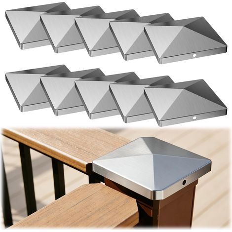 Pack of 10 Post Caps, Stainless Steel Post Cover, Fence Post Caps, Pyramid Shape, Weatherproof Post Cap, Protective Cap for Wooden Posts (8 x 8 cm) (1/5)