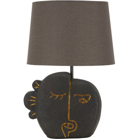 Lampada da tavolo Tribal B in resina antracite con volto dorato e paralume grigio