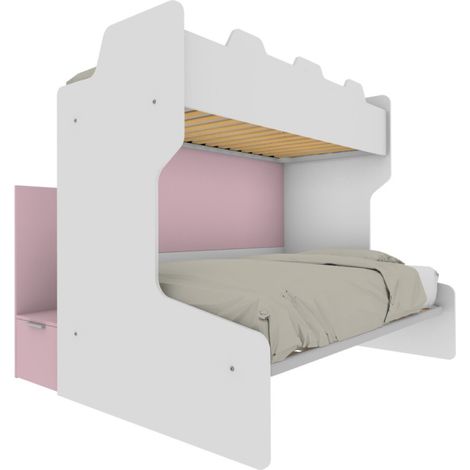 Letto a castello salvaspazio con scala contenitore - 1 Piazza e mezza + singolo - bianco e cipria