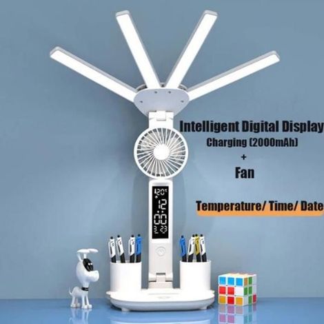 Lampe de Table multifonction 3 en 1, pliable à quatre têtes, avec ventilateur, calendrier, horloge, Rechargeable par USB,3 couleurs (1/5)