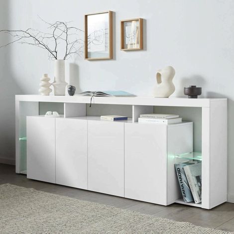 Dmora - Aparador Wilmer, buffet de salón 4 puertas, Aparador de salón, Aparador moderno, 220x40h80 cm, Blanco brillante (1/5)