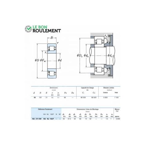 Roulement à rouleaux cylindriques NJ211-EW-C3-NSK