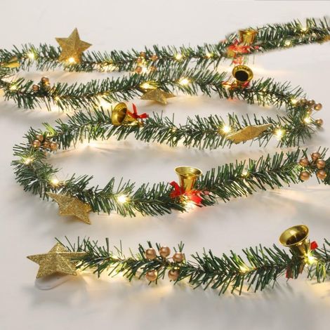 Weihnachtsdekoration, künstlicher Weihnachtskranz mit Glocken, Sternen, Beeren und LED-Lichtern für Türen, Treppen, Kamine, Girlanden, 2,7 m