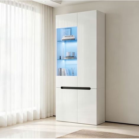 MODFU – Vitrina LED Bluetooth 80x35x180 cm de MDF con 4 puertas, 8 compartimentos y estantes de vidrio ajustables – Blanco (1/5)