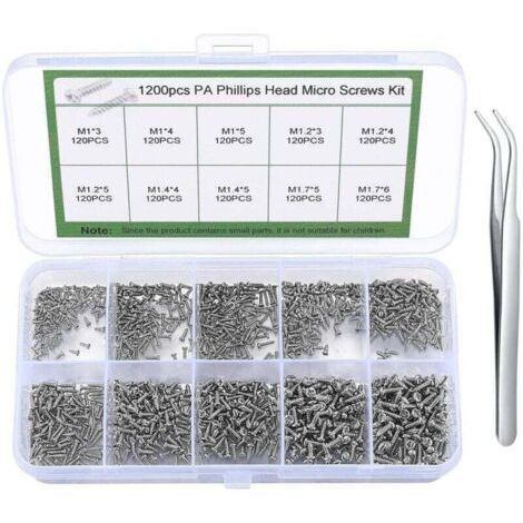 1200 petites vis, mini vis autotaraudeuses, assortiment de vis à tête ronde minuscules pour lunettes, montres, téléphones, appareils photo, ordinateurs portables - M1/M1.2/M1.4/M1.7 (1/4)