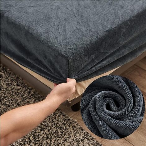 Drap-housse en velours microfibre polaire, éponge, gris foncé, 90 x 200 cm, chauffant pour l'hiver, pour lit à sommier tapissier, matelas épais 25-30 cm (1/4)
