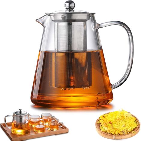 Théière avec infuseur et couvercle, 1300 ml - Théière en verre borosilicate, théière en verre avec infuseur amovible, théière en verre robuste et résistante à la chaleur pour thé en vrac, thé aux (1/5)