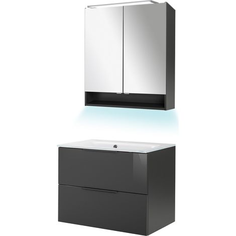 Fackelmann LUNA Badmöbel Set 4-teilig, 80 cm breit, Anthrazit, Glas Weiß+Spiegelschrank"-"90252145 (1/5)
