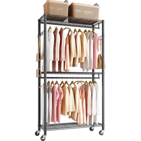 Portant à vêtements roulant, robuste, 3 niveaux réglables en acier au carbone, capacité de charge de 204 kg, idéal pour chambre, débarras ou couloir. (1/5)