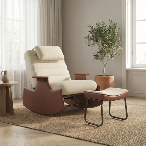 Sedia a dondolo con poggiapiedi, poltrona relax, schienale regolabile in 3 posizioni, tessuto in velluto a coste, stile moderno, Beige