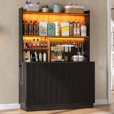 DESMIU Buffet de cuisine haut avec LED RGB, prises et ports USB, 4 portes, niches et panneau perforé, MDF noir, 120 × 43 × 160 cm (1/5)
