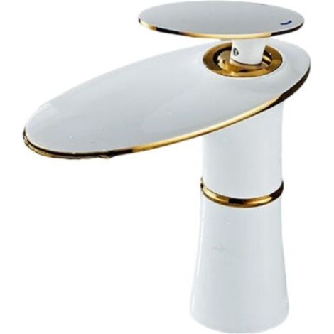 Mitigeur Salle de Bain Cascade Mitigeur Lavabo Blanc et Or Mitigeur Salle de Bain en Laiton Monocommande, Court
