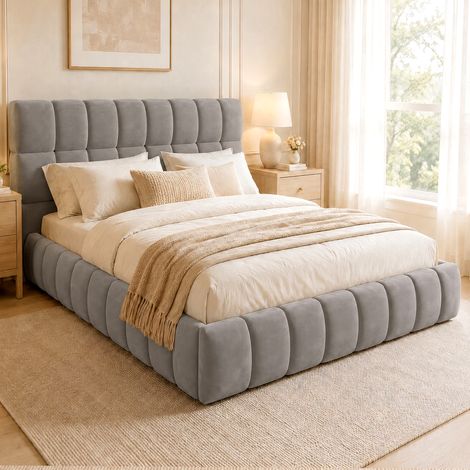Lit double rembourré - Tête lit rembourré - 140x200 cm - cadre matelassé, pour jeunes et adultes - Velours - Gris (1/5)