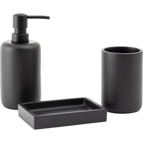 Ensemble 3 Accessoires Salle De Bain, Résine Noire, Gobelet, Distributeur, Porte-savon, Décoration (1/5)
