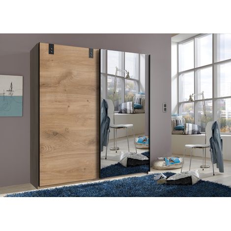 Armoire à portes coulissantes avec miroir en Imitation chêne poutre,rechampis graphite - L135 x H198 x P64 cm -PEGANE-