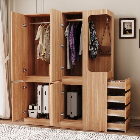 Grande armoire garde-robe 140x40x170 cm avec tiroirs et penderie ouverte, dressing 3 portes couleur bois et blanc (1/5)