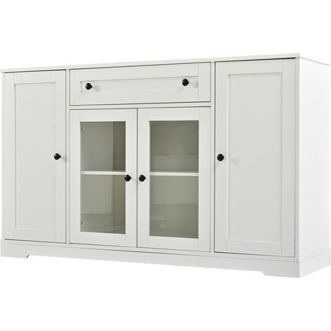 Credenza bianca con 4 porte, 2 ante in vetro, 1 cassetto, 138x40x83 cm (1/5)